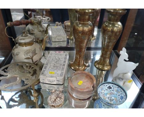 A pair of Indian brass baluster vases 30cm, brass kettle, trivet, Alabaster coaster set, enamel bowl 11cm diameter, games box
