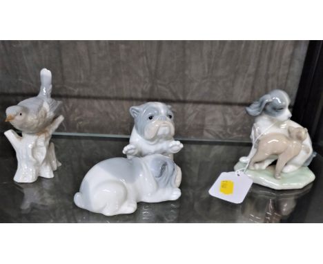 Nao A18.D dog and cat group 10cm high, John Jenkins twin bulldog group 14.5cm long and a bird figure (3) 