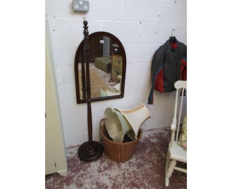 Dome top wall mirror, oak standard lamp with shades & wicker log basket