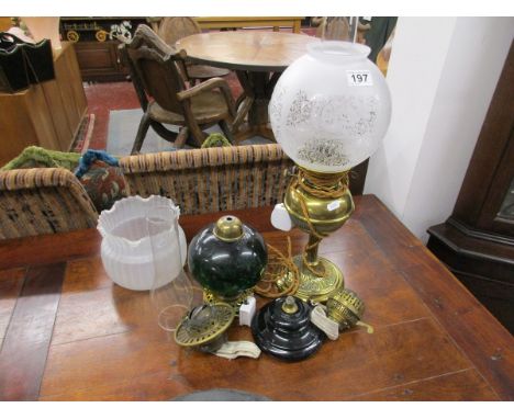 Victorian brass converted oil lamp with globe & other pieces