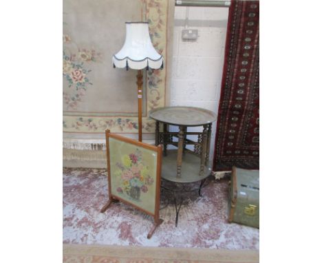 2 brass top tables, fire screen and standard lamp