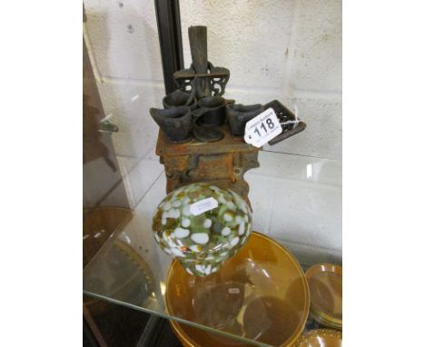 Miniature model stove and glass mushroom paperweight
