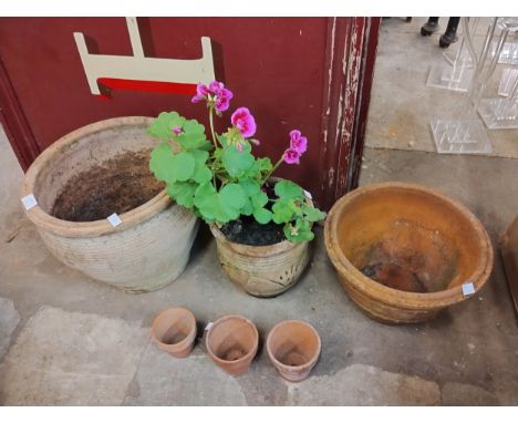 A terracotta "Bee-Hive" planter and five others