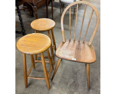 An Ercol Blonde elm and beech Windsor chair &amp; a pair of elm stools 