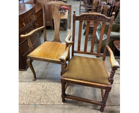An early 20th Century oak bobbin turned elbow chair and a Queen Anne style elbow chair 