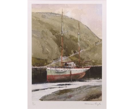 AR NORMAN SAYLE (1926-2007) Moored boat coloured print, signed and numbered 10/395 in pencil to lower margin 33 x 23cms 