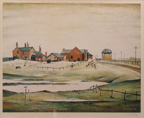 AR LAWRENCE STEPHEN LOWRY, RA (1887-1976) "Landscape with farm buildings" coloured print, published 1974 by Venture Prints Lt