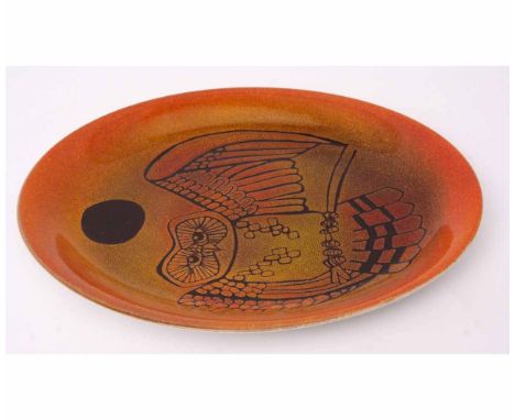 Poole Pottery Aegean oval shaped charger decorated with an owl, in typical colours 