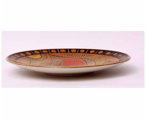 Poole Pottery Aegean charger circa 1970, with a Tudor style ship design, marked to the base with factory mark and JM monogram