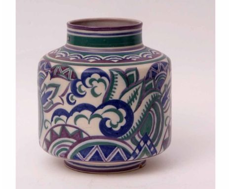 Mid-20th century Poole (Carter Stabler Adams) vase, a cylindrical body rising to the neck with blue and green geometric desig