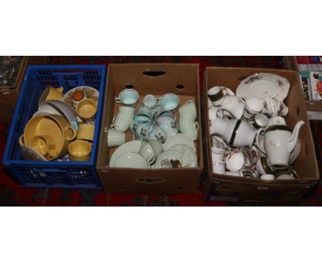 Three boxes of dinnerwares and bone china teawares to include Adams, Duchess, Midwinter etc.