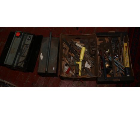 Four boxes of tools to include screwdriver, saws, wood plane, wrench etc.