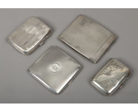 Two first World War period silver cigarette cases and two other 1920s silver cigarette cases, 353 grams.