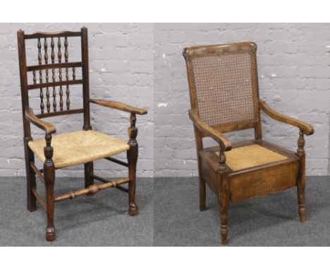 A rush seat turned spindle back arm chair along with a bergere seat commode arm chair.