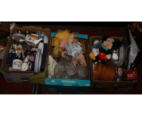 Three boxes of miscellaneous including commemorative teawares, Spode, glasswares, ornaments, Goebel, soft Mickey Mouse toy et