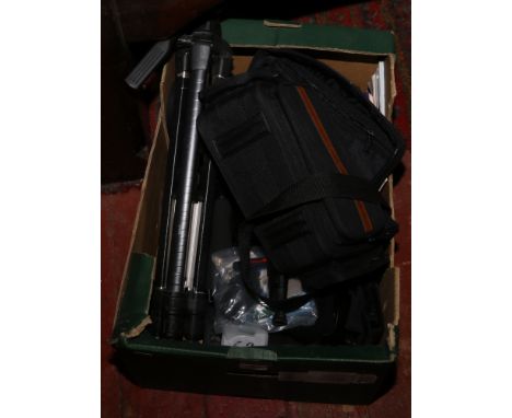 A box of photographic equipment including two tripods, Tele converter, extension tub, filter rings, filters, HP Photosmart A6