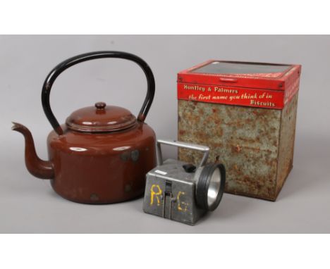 A large Huntley &amp; Palmer advertising tin, brown enamel kettle and a vintage British Rail signal lamp by Bardic Ltd Southa