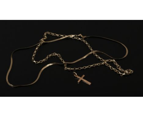 Two 9ct gold necklaces, along with a 14ct gold cross pendant.