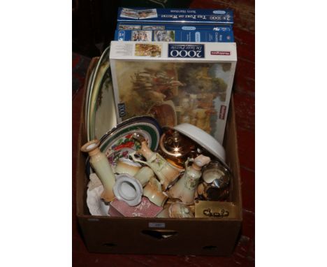 A box of miscellaneous including Stag handle flatwares, mantle clock, boxed jigsaws, mixed ceramics, metalwares, early 20th c