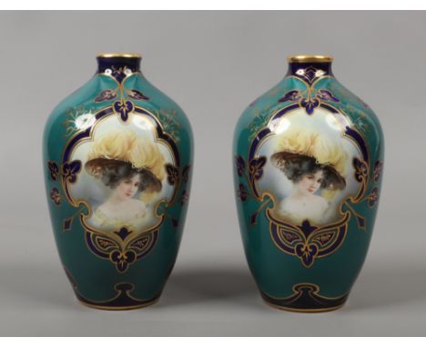 Two Royal Bonn bottle vases, each decorated with a portrait print of a young girl and having gilt decoration.