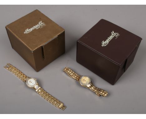 Two boxed ladies Ingersoll gold plated quartz bracelet watches, both with mother of pearl effect dials and set with coloured 