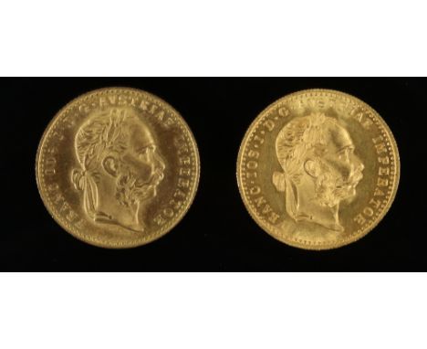 Two Austrian gold Ducat coins, 3.5 grams and 2.69 grams 1915 re strikes.
