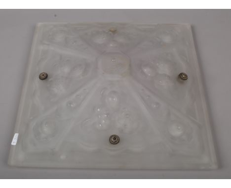 A Lalique style Art Deco square formed frosted glass light shade decorated with pumpkins and flowers.&nbsp;