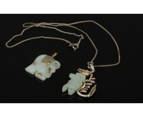 A 9ct gold and jade elephant pendant along with jade and 925 silver and gilt pendant and chain.