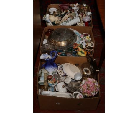 Three boxes of miscellaneous to include composite and ceramic figures, decorative vases, glassware etc.