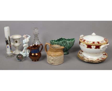 A quantity of collectable ceramics and glass including Sylvac, Coalport figure, Harvestware jug, Royal Albert Lady Hamilton d