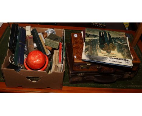 A box of miscellaneous to include Lladro figure of a young girl holding a kitten, various tools vintage Rabone spirit level, 