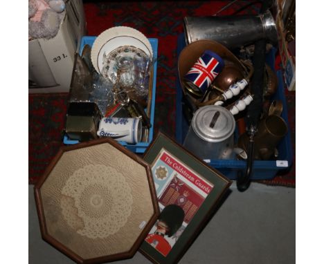 Two boxes of miscellaneous metalwares, ceramics and glass to include copper, brass, silver plate old blow lamp, advertising t