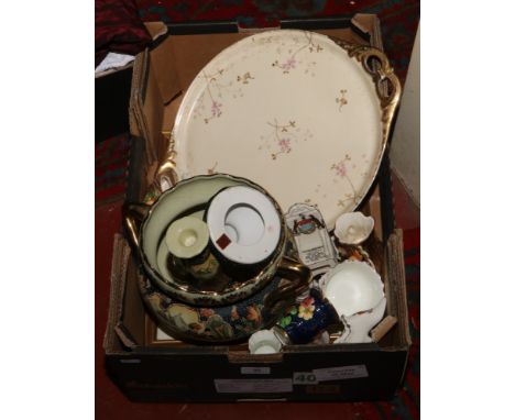 A box of miscellaneous including crested china ware, Crown Devon, Hornsea Fauna, decorative oriental ceramics, framed colour 