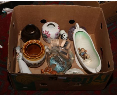 A box of miscellaneous including Goebel figure, Sylvac, ship in glass bottle, art glass etc.