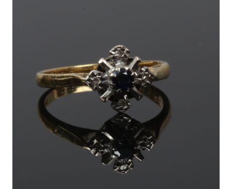 An 18ct gold diamond and sapphire floriform set ring, size M1/2, 2.82 grams.