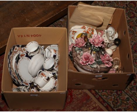 Two boxes of miscellaneous including an Edwardian bone china part tea / dinner service, Capodimonte, Wade whimsies etc.
