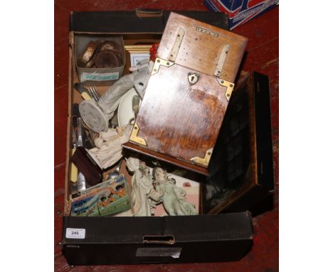 A box of miscellaneous to include oak brass bound stationary box, scales, weights, ceramic figures etc.