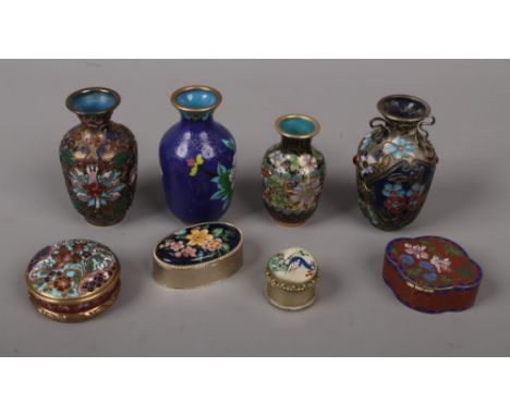 Four miniature cloisonne vases along with four trinket boxes.