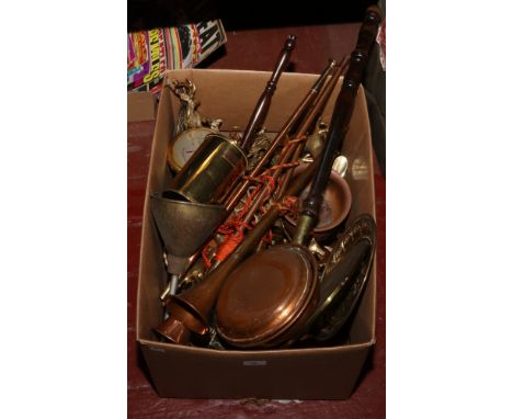 A large box of ornamental brass and copper wares to include two hunting horns, graduated measures etc.