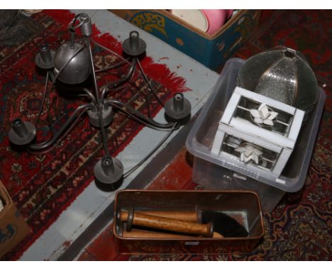 A tubular painted steel and wire work five branch ceiling light fitting along with five frosted glass shades and two others, 