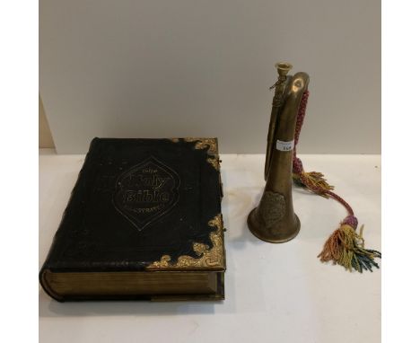 Military bugle with applied crest for Argyll &amp; Sutherland Regiment, and a C19th illustrated and leather bound and gilt br