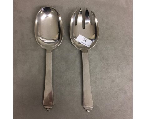 Pair of sterling silver Georg Jenson salad servers, step and ball finials , 272 g marked GEORG JENSEN STERLING DENMARK 