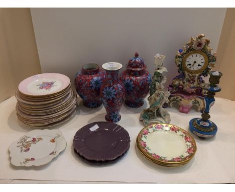 Quantity of ceramics to include French ceramic mantle clock with matching stand, 2 cream candlesticks and collection of table