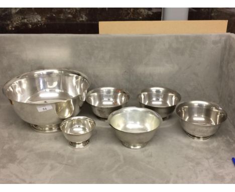 Set of reproduction sterling silver and white metal Paul Revere repro bowls, by Webb, and one unmarked large example, various