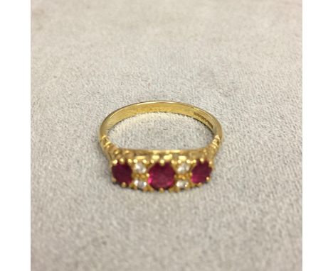 18ct old 3 stone ruby ring with single cut diamond acc 3.3g size N 