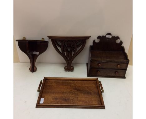 Oak hanging cupboard with candle drawer, 2 plinths/sconces, oval tray 