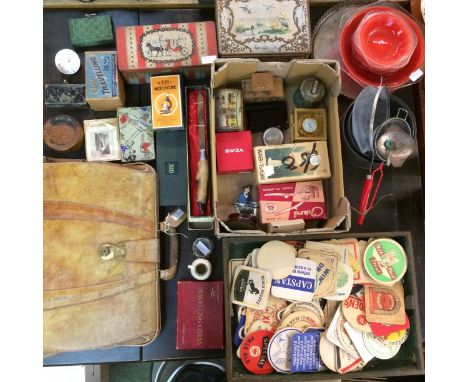 Quantity of vintage interest  to include: Old Indian brass tray/table top,  beer mat, vintage bag, tins, Cross pen, Pyrex, ki