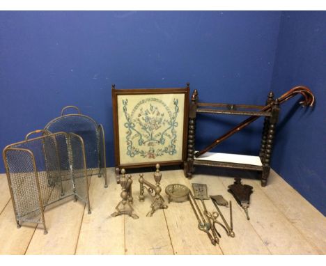 Brasswares to include, firescreen, dogs, umbrella stand, walking sticks  etc 