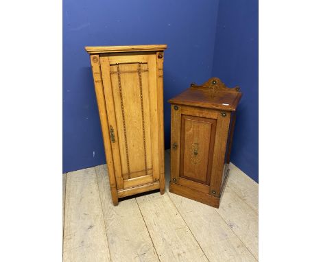 Arts and Crafts style light honey coloured oak side cabinet 110h 37d x 45 w cm, and a smaller cabinet, inset with central flo