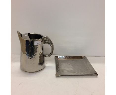 Oriental silver plated planished jug and tray with applied elephant handles 